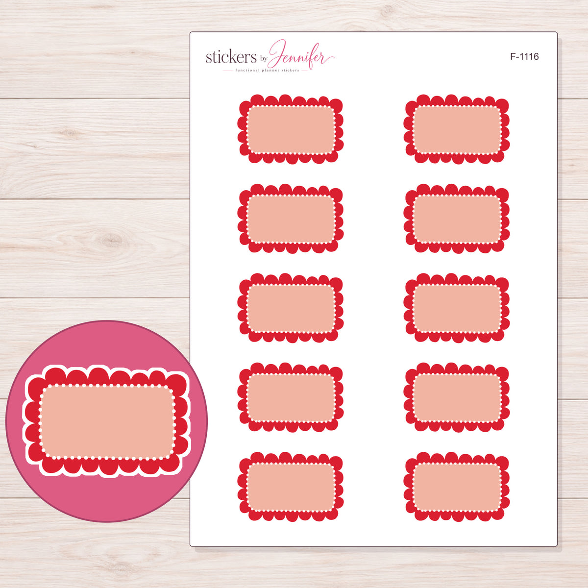 Red Scallop and Dot Half Box Planner Stickers | F-1116 — 5 × 7 inch sheet and enlarged sticker detail