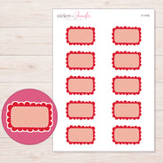 Red Scallop and Dot Half Box Planner Stickers | F-1116 — 5 × 7 inch sheet and enlarged sticker detail
