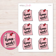 Pink Homework Reminder Note Planner Stickers | F-1117 — 5 × 7 inch sheet and enlarged sticker detail