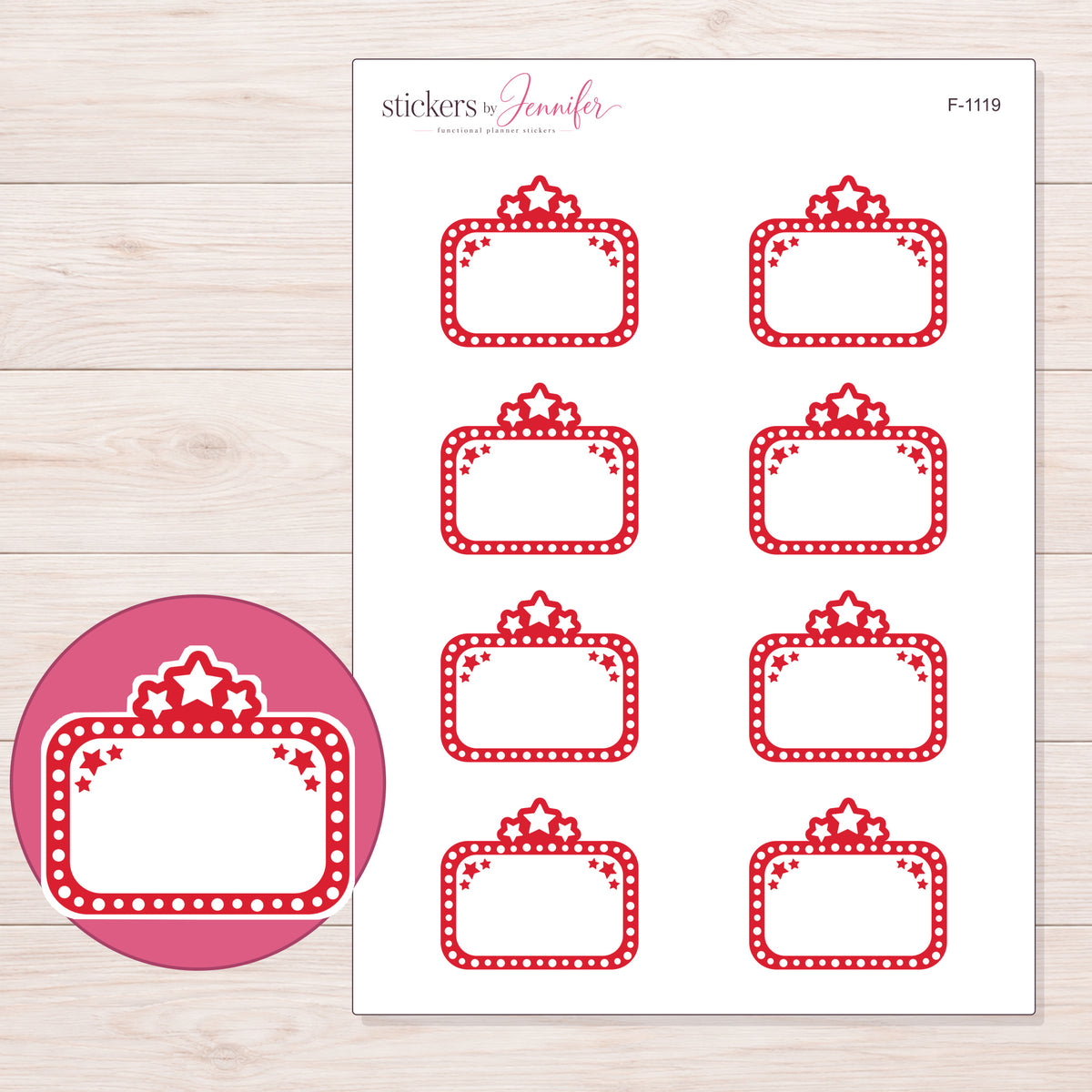 Red Star Movie Marquee Planner Stickers | F-1119 — 5 × 7 inch sheet and enlarged sticker detail