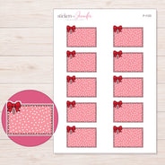 Pink Polka Dot Bow Half Box Planner Stickers | F-1123 — 5 × 7 inch sheet and enlarged sticker detail
