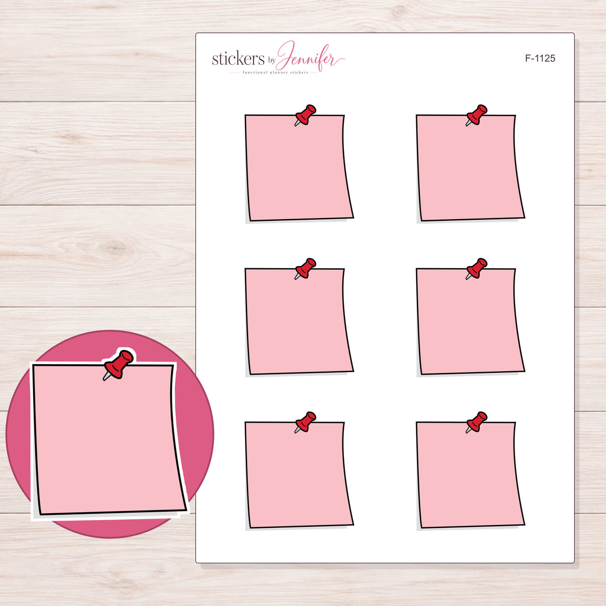 Pink Pushpin Note Planner Stickers | F-1125 — 5 × 7 inch sheet and enlarged sticker detail