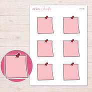 Pink Pushpin Note Planner Stickers | F-1125 — 5 × 7 inch sheet and enlarged sticker detail