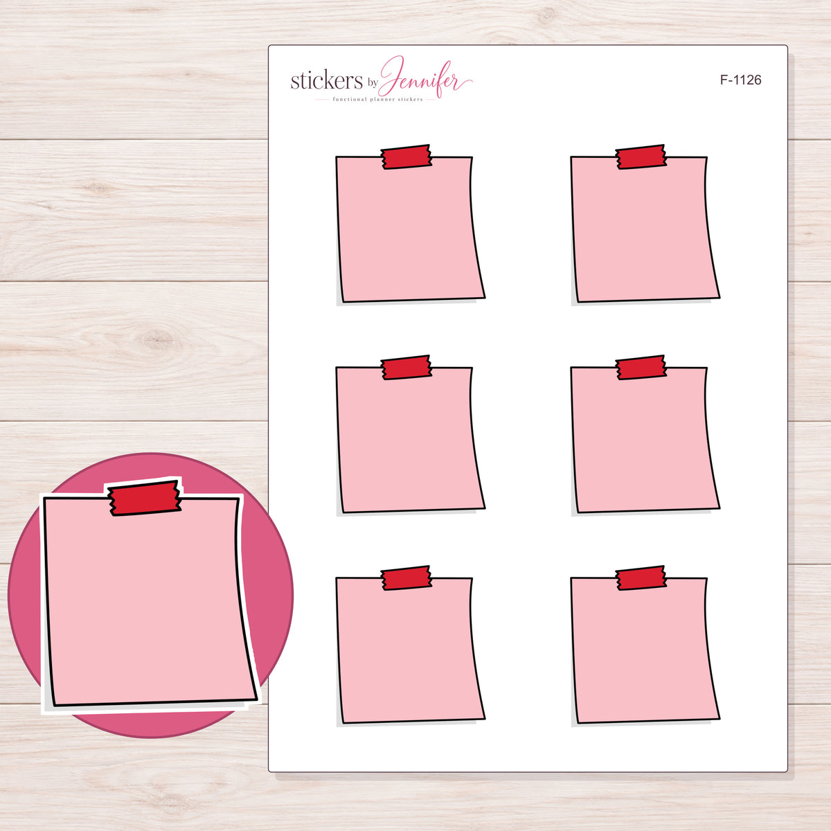 Pink Red-Tape Note Planner Stickers | F-1126 — 5 × 7 inch sheet and enlarged sticker detail