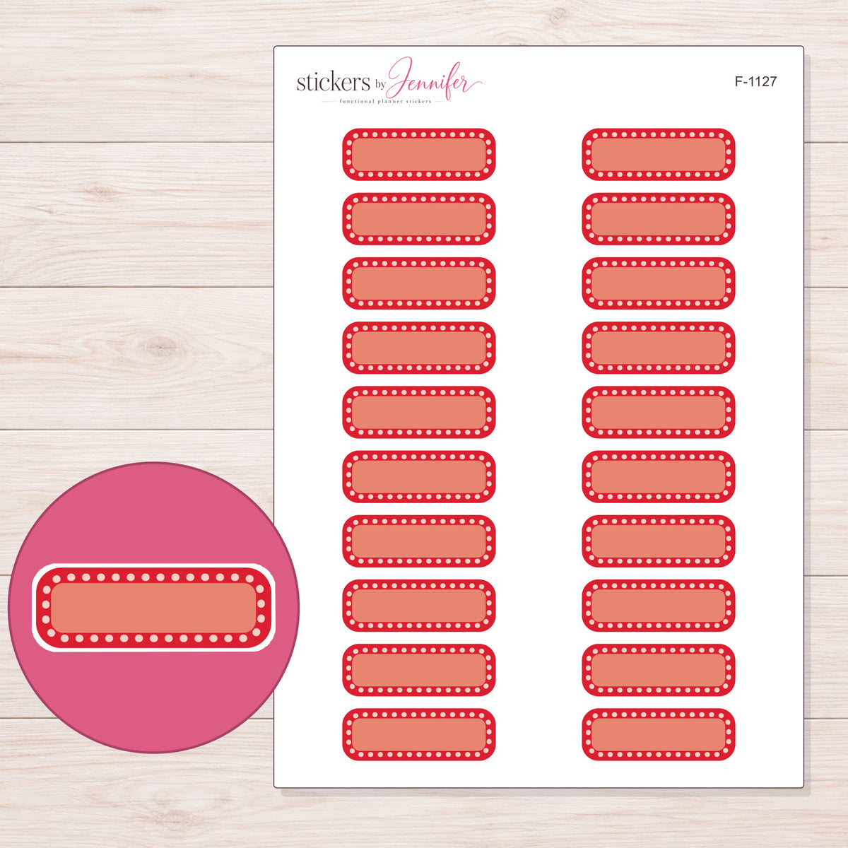 Red Dotted Quarter Box Planner Stickers | F-1127 — 5 × 7 inch sheet and enlarged sticker detail