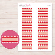 Red Scallop Stripe Quarter Box Planner Stickers | F-1129 — 5 × 7 inch sheet and enlarged sticker detail