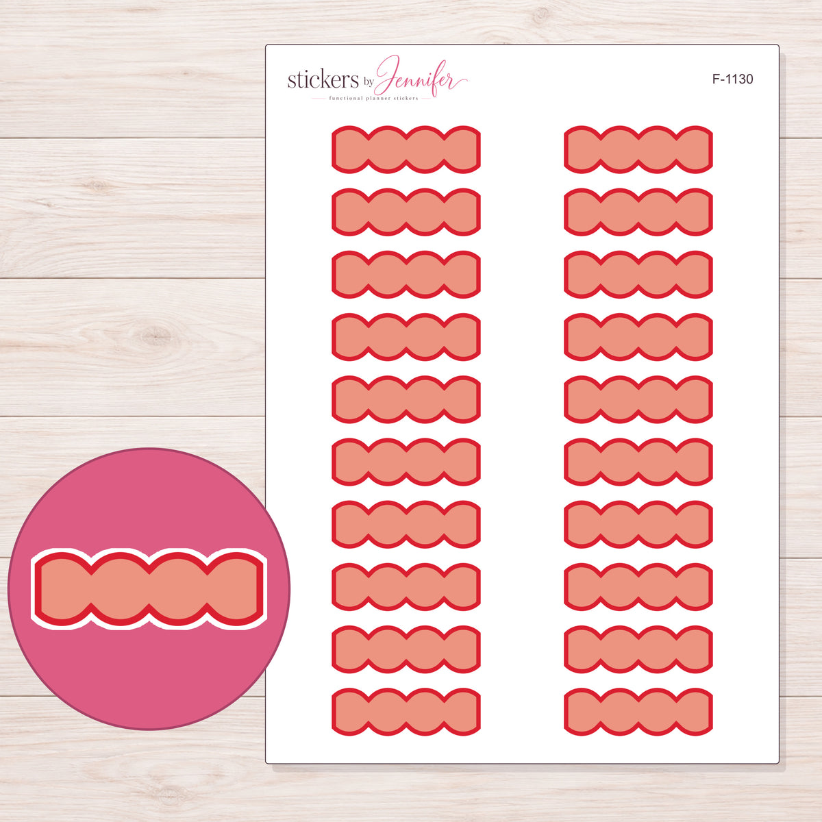 Peach Wavy Quarter Box Planner Stickers | F-1130 — 5 × 7 inch sheet and enlarged sticker detail