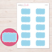 Blue Scalloped Rectangle Label Planner Stickers | F-1131 — 5 × 7 inch sheet and enlarged sticker detail