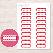 Red Outline Scallop Quarter Box Planner Stickers | F-1132 — 5 × 7 inch sheet and enlarged sticker detail