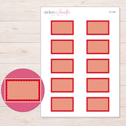 Red Square-Corner Stitched Half Box Planner Stickers | F-1133 — 5 × 7 inch sheet and enlarged sticker detail