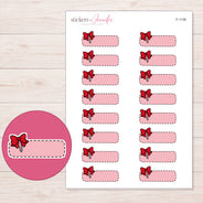 Pink Stitched Bow Quarter Box Planner Stickers | F-1138 — 5 × 7 inch sheet and enlarged sticker detail
