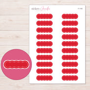 Red Stitched Scallop Label Planner Stickers | F-1140 — 5 × 7 inch sheet and enlarged sticker detail