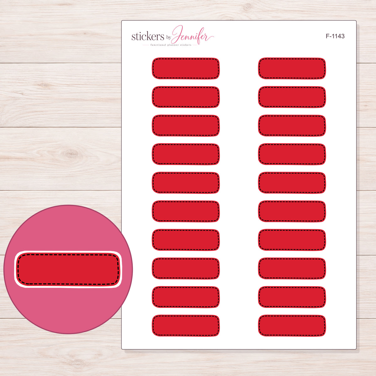 Red Dark-Stitch Quarter Box Planner Stickers | F-1143 — 5 × 7 inch sheet and enlarged sticker detail