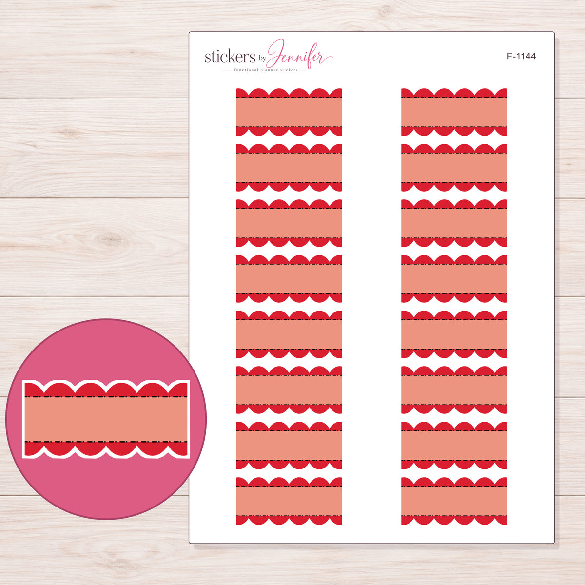 Red Stitched Scallop Stripe Label Planner Stickers | F-1144 — 5 × 7 inch sheet and enlarged sticker detail
