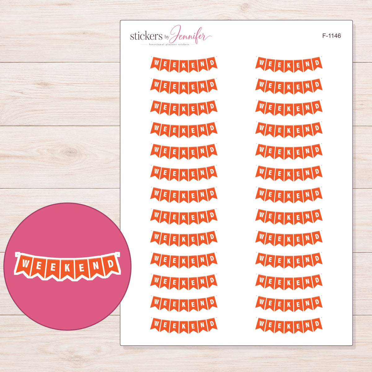 Orange Weekend Pennant Banner Planner Stickers | F-1146 — 5 × 7 inch sheet and enlarged sticker detail