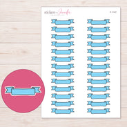 Blue Scroll Banner Label Planner Stickers | F-1147 — 5 × 7 inch sheet and enlarged sticker detail