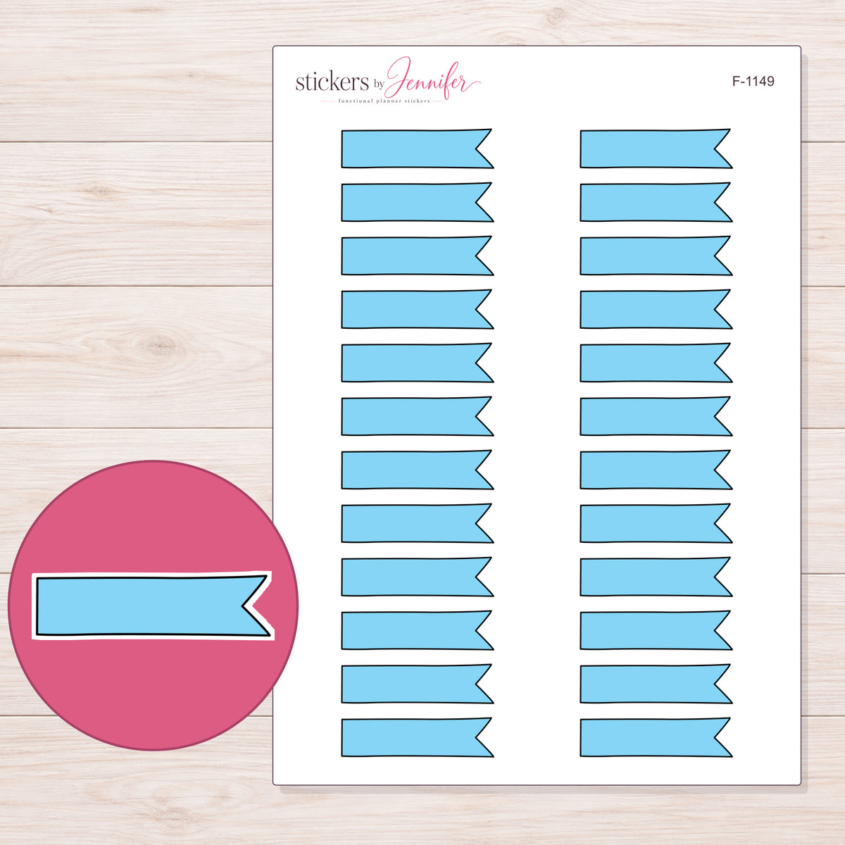 Blue Single-Notch Banner Label Planner Stickers | F-1149 — 5 × 7 inch sheet and enlarged sticker detail