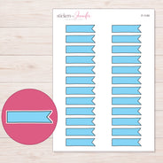 Blue Single-Notch Banner Label Planner Stickers | F-1149 — 5 × 7 inch sheet and enlarged sticker detail