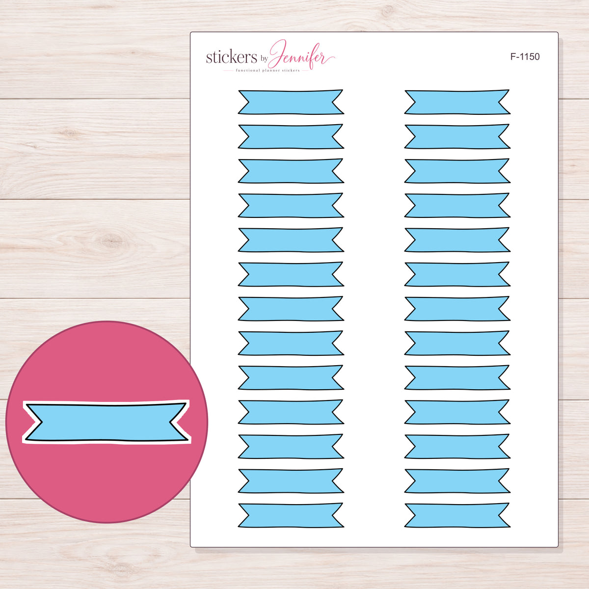 Blue Double-Notch Banner Label Planner Stickers | F-1150 — 5 × 7 inch sheet and enlarged sticker detail