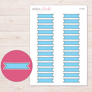 Blue Double-Notch Banner Label Planner Stickers | F-1150 — 5 × 7 inch sheet and enlarged sticker detail