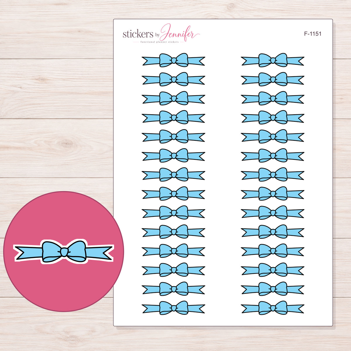 Blue Bow Ribbon Divider Planner Stickers | F-1151 — 5 × 7 inch sheet and enlarged sticker detail