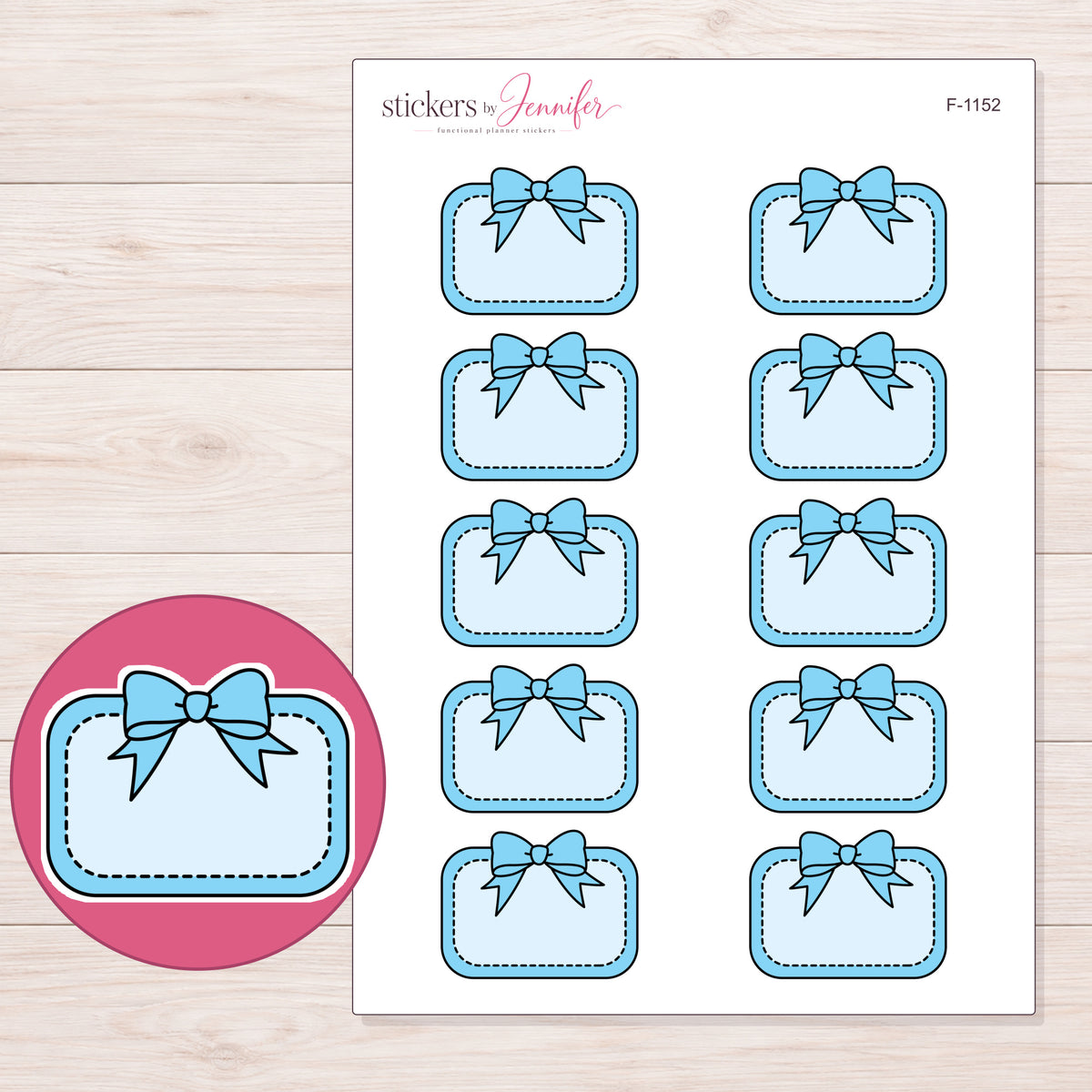 Blue Bow Half Box Label Planner Stickers | F-1152 — 5 × 7 inch sheet and enlarged sticker detail