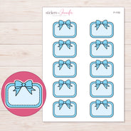 Blue Bow Half Box Label Planner Stickers | F-1152 — 5 × 7 inch sheet and enlarged sticker detail