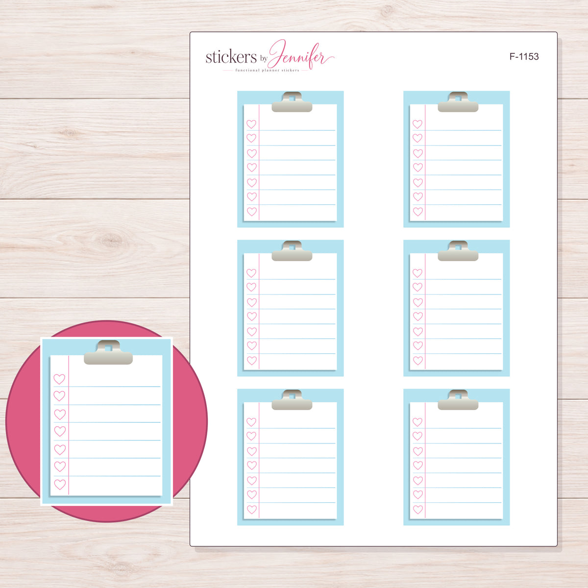 Blue Clipboard Checklist Planner Stickers | F-1153 — 5 × 7 inch sheet and enlarged sticker detail