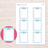 Blue Clipboard Checklist Planner Stickers | F-1153 — 5 × 7 inch sheet and enlarged sticker detail
