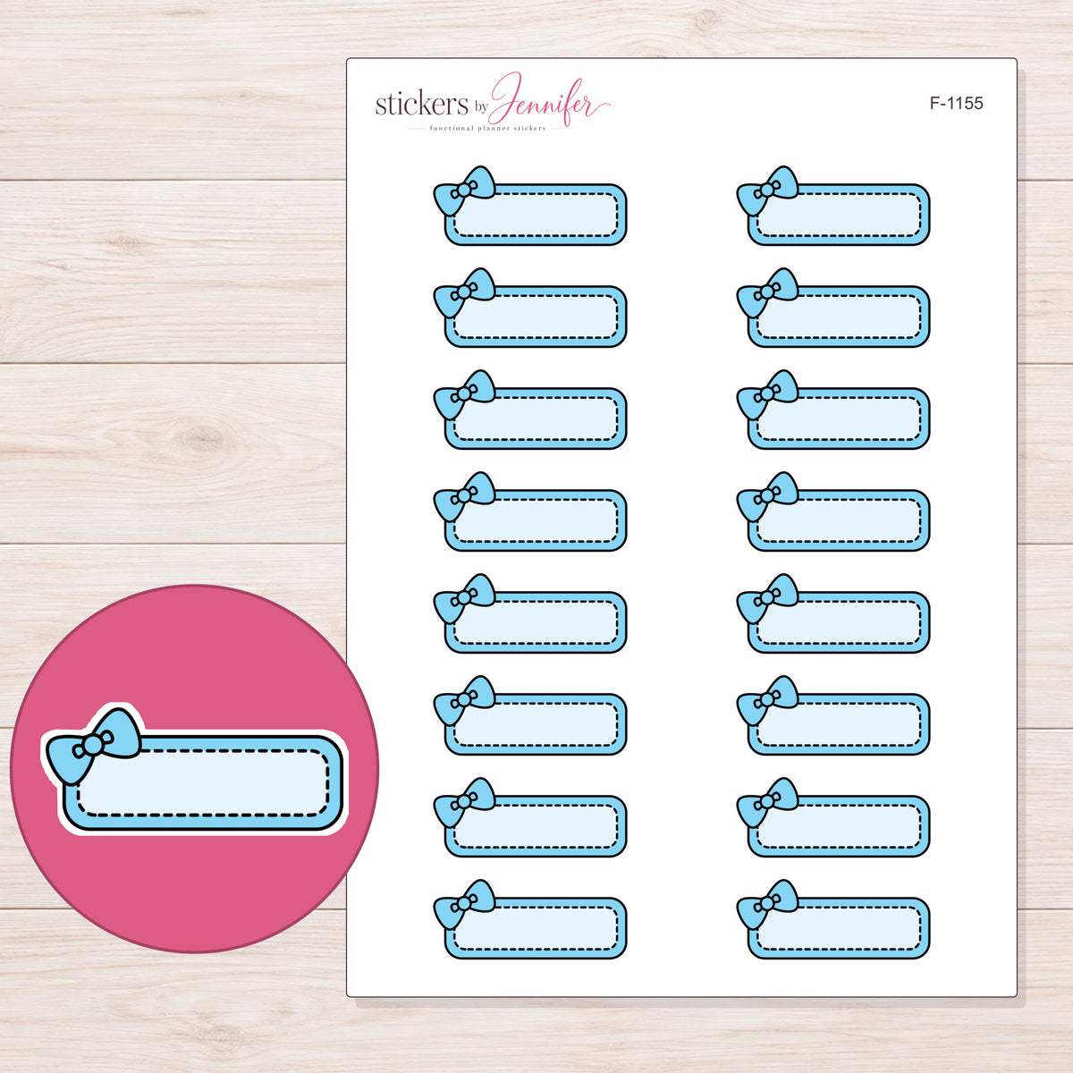 Blue Bow Quarter Box Label Planner Stickers | F-1155 — 5 × 7 inch sheet and enlarged sticker detail