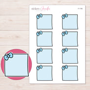 Blue Bow Note Planner Stickers | F-1156 — 5 × 7 inch sheet and enlarged sticker detail