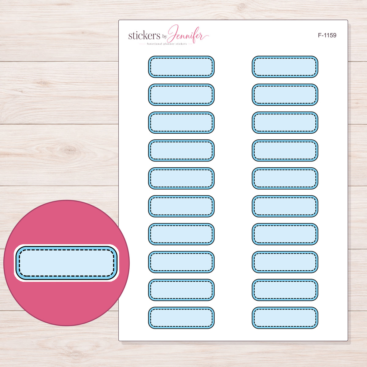 Blue Stitched Quarter Box Label Planner Stickers | F-1159 — 5 × 7 inch sheet and enlarged sticker detail