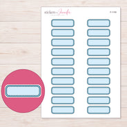Blue Stitched Quarter Box Label Planner Stickers | F-1159 — 5 × 7 inch sheet and enlarged sticker detail