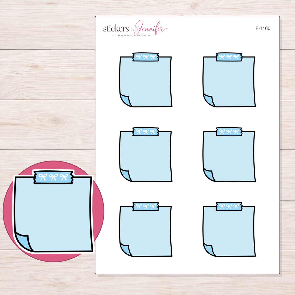 Blue Top-Tape Note Planner Stickers | F-1160 — 5 × 7 inch sheet and enlarged sticker detail