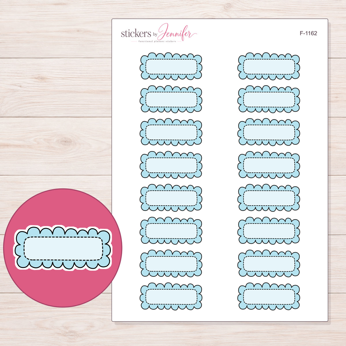 Blue Doodle Scallop Quarter Box Planner Stickers | F-1162 — 5 × 7 inch sheet and enlarged sticker detail