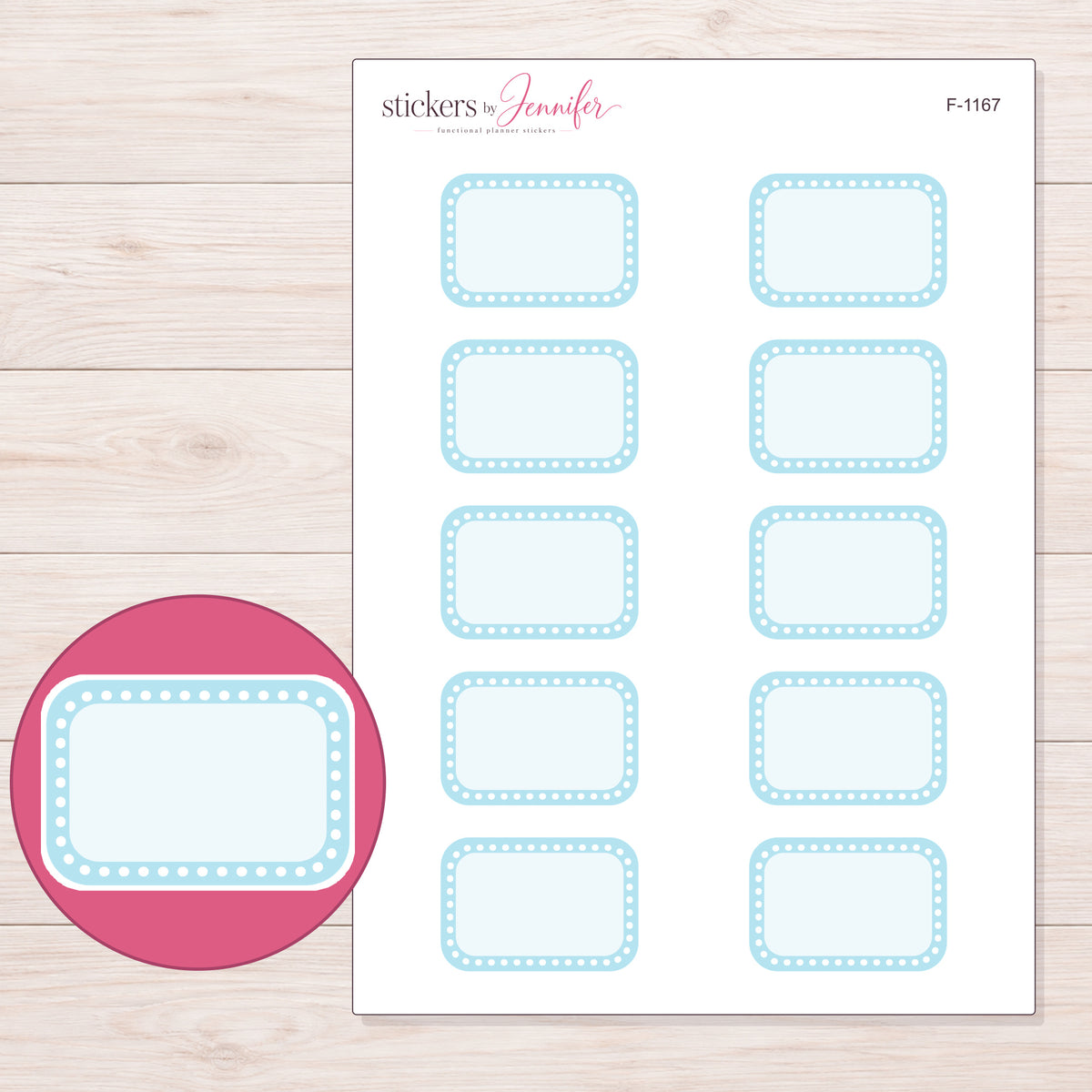 Blue Dotted Border Half Box Planner Stickers | F-1167 — 5 × 7 inch sheet and enlarged sticker detail