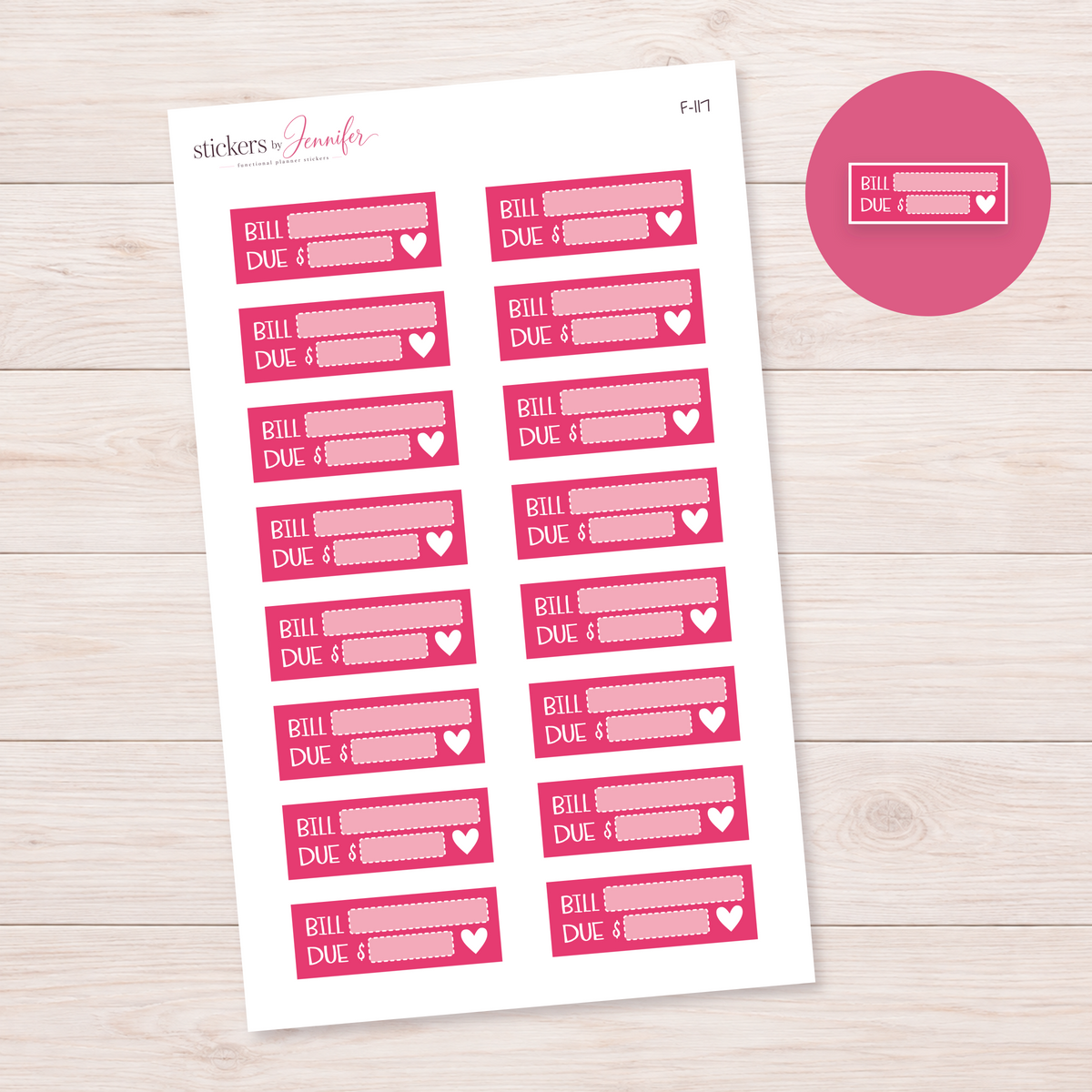 Pink Bill Due Label Planner Stickers | F-117