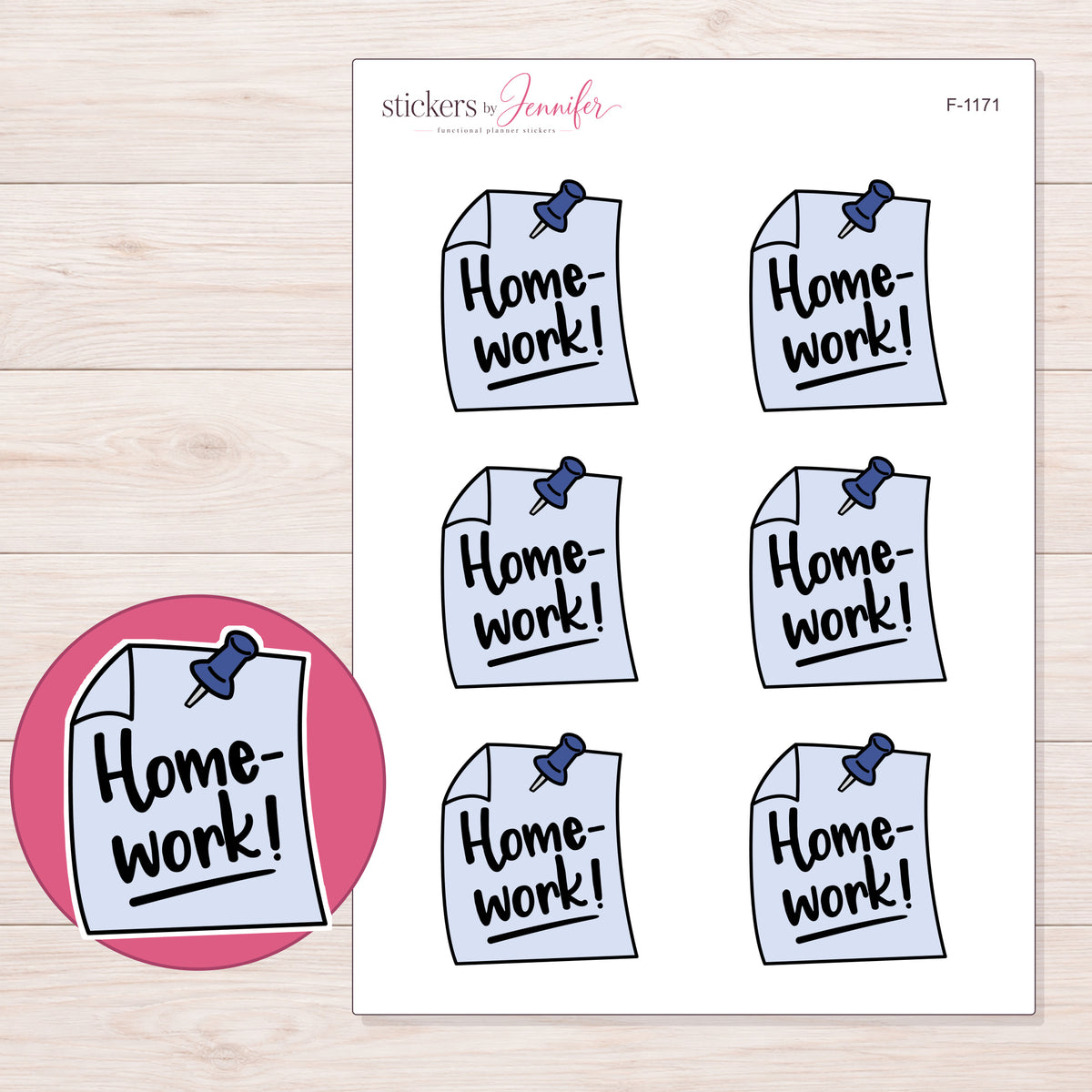 Lavender Homework Reminder Note Planner Stickers | F-1171 — 5 × 7 inch sheet and enlarged sticker detail