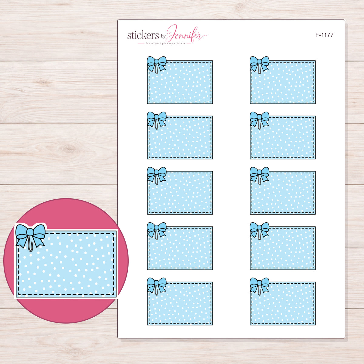 Blue Polka Dot Bow Half Box Planner Stickers | F-1177 — 5 × 7 inch sheet and enlarged sticker detail