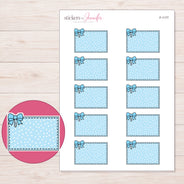 Blue Polka Dot Bow Half Box Planner Stickers | F-1177 — 5 × 7 inch sheet and enlarged sticker detail