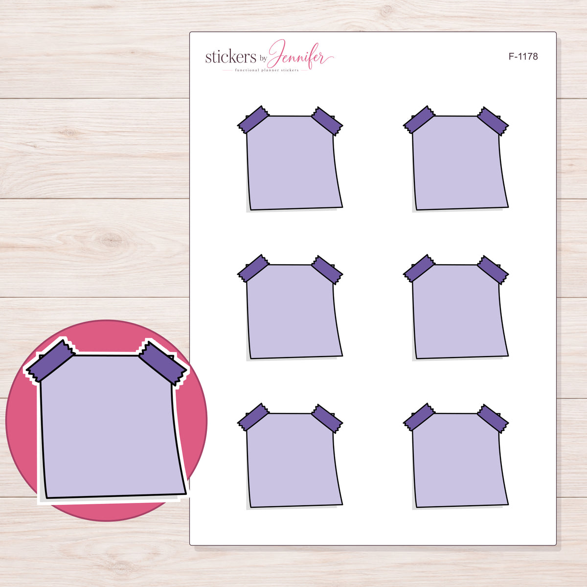 Lavender Double-Tape Note Planner Stickers | F-1178 — 5 × 7 inch sheet and enlarged sticker detail