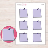 Lavender Pushpin Note Planner Stickers | F-1179 — 5 × 7 inch sheet and enlarged sticker detail