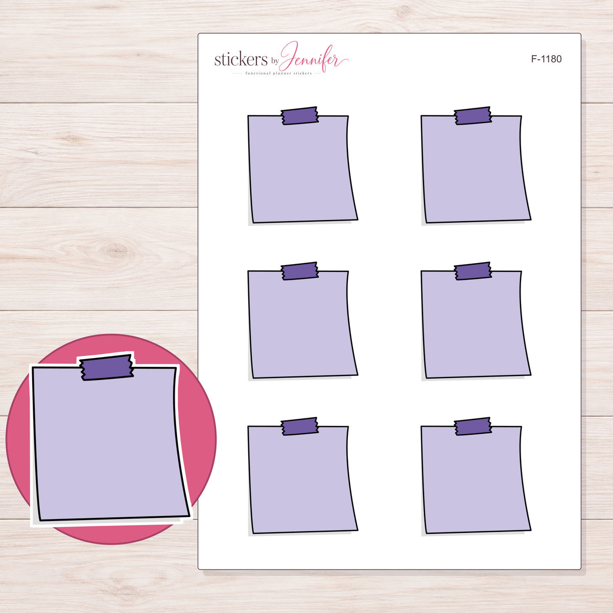 Lavender Purple-Tape Note Planner Stickers | F-1180 — 5 × 7 inch sheet and enlarged sticker detail