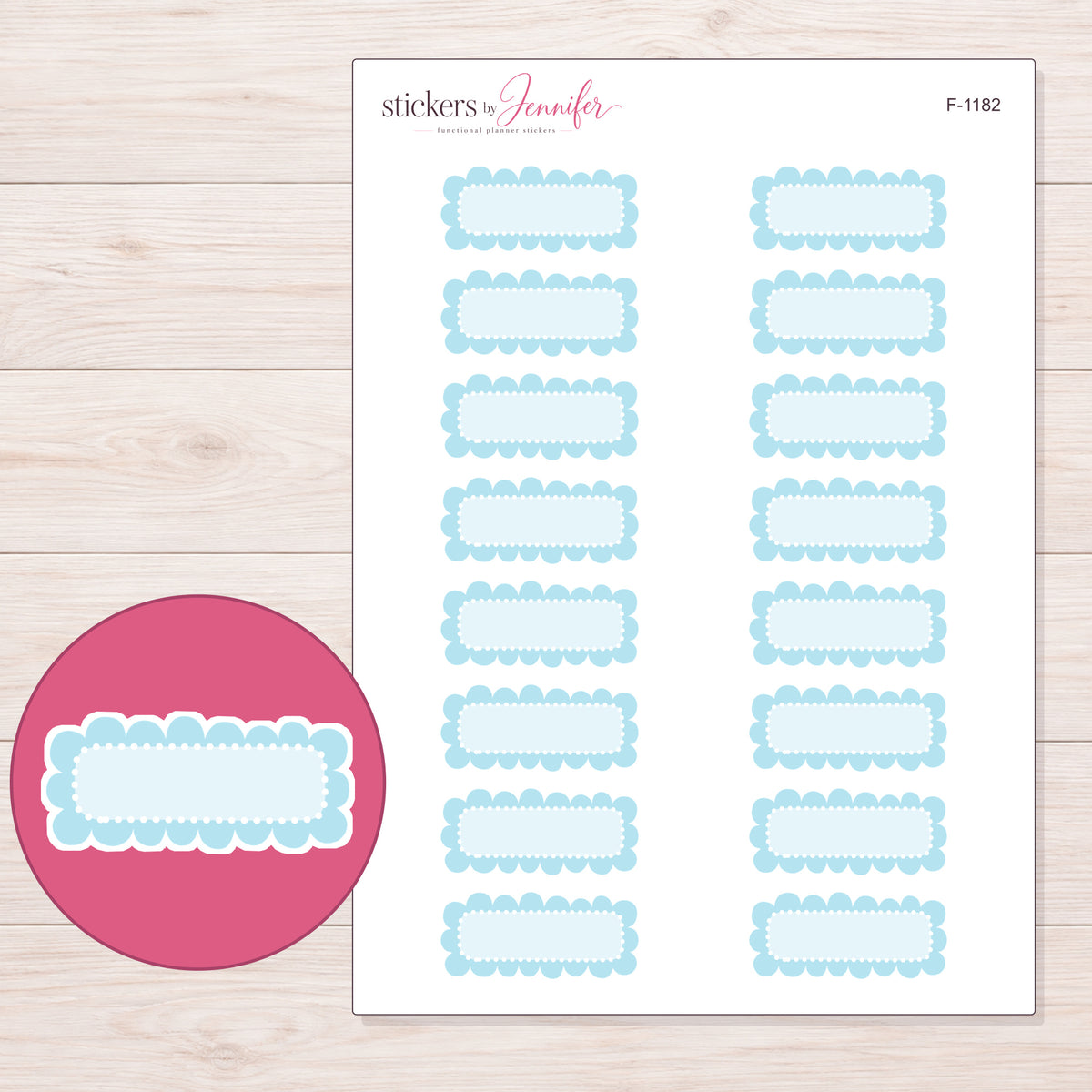 Blue Scallop Dot Quarter Box Planner Stickers | F-1182 — 5 × 7 inch sheet and enlarged sticker detail