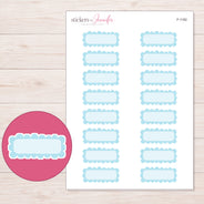 Blue Scallop Dot Quarter Box Planner Stickers | F-1182 — 5 × 7 inch sheet and enlarged sticker detail