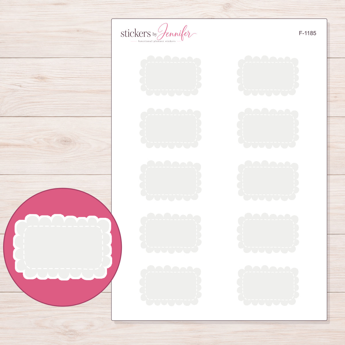 Pale Gray Scalloped Rectangle Label Planner Stickers | F-1185 — 5 × 7 inch sheet and enlarged sticker detail