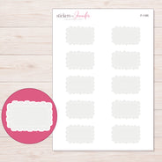 Pale Gray Scalloped Rectangle Label Planner Stickers | F-1185 — 5 × 7 inch sheet and enlarged sticker detail