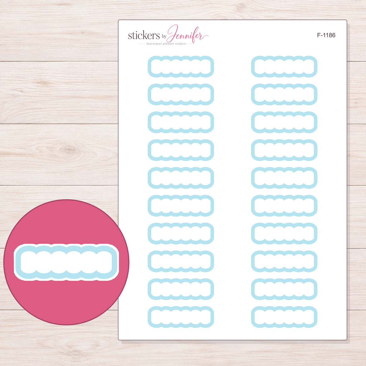 Blue Outline Scallop Quarter Box Planner Stickers | F-1186 — 5 × 7 inch sheet and enlarged sticker detail