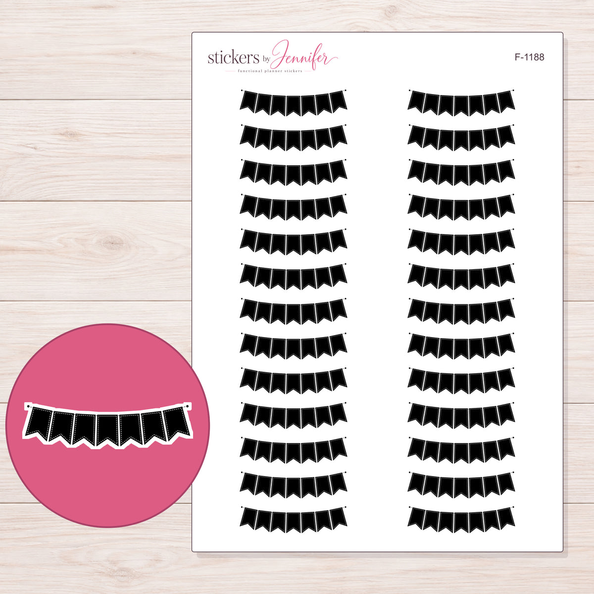 Black Stitched Pennant Bunting Planner Stickers | F-1188 — 5 × 7 inch sheet and enlarged sticker detail