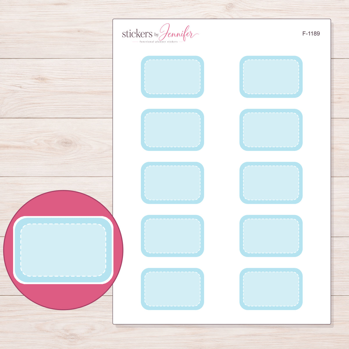 Blue Rounded Stitched Half Box Planner Stickers | F-1189 — 5 × 7 inch sheet and enlarged sticker detail